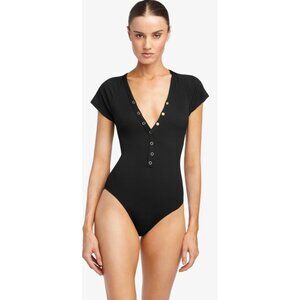 Robin Piccone Amy Raglan One Piece Swimsuit Womens Black Size 8 Snap Front
